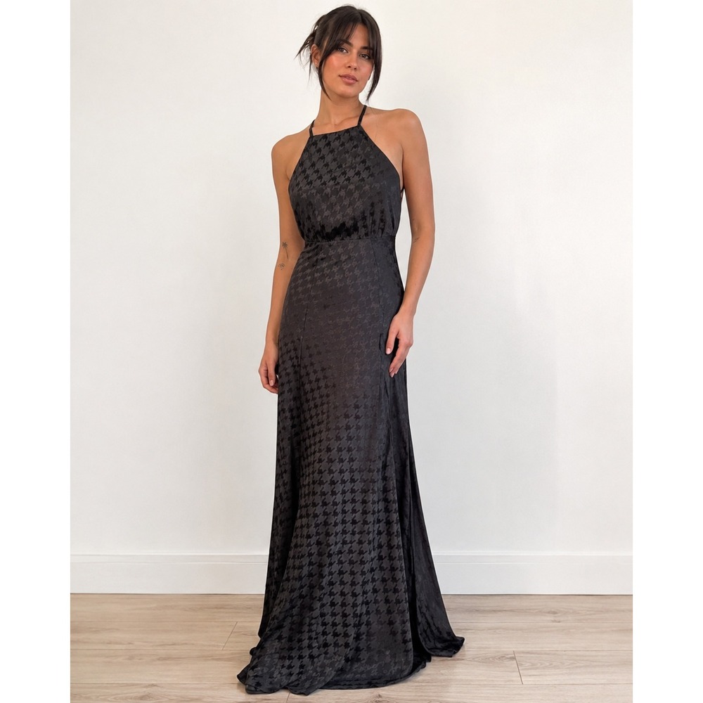 NWT Formal Evening ASTR The Label Maxi Dress Houndstooth Halter XS Black